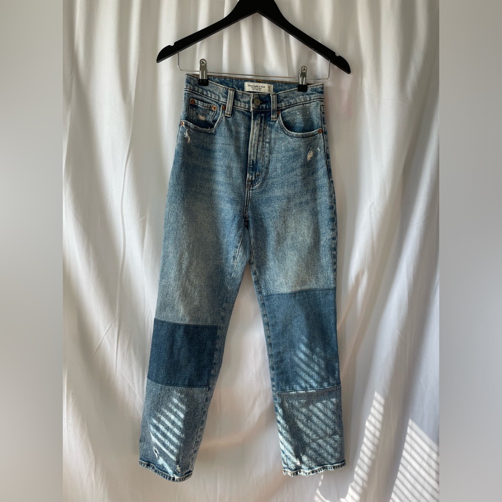 Abercrombie & fitch medium wash patchwork ultra high rise ankle straight jean.